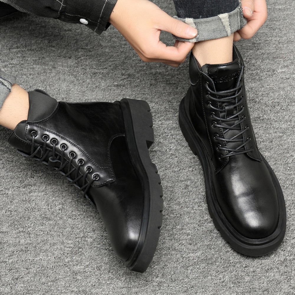 Fall Men's Round Toe Fashion Casual Leather Boots Trend Front Lace-Up Wear-Resistant Low-Heel Martin Boots